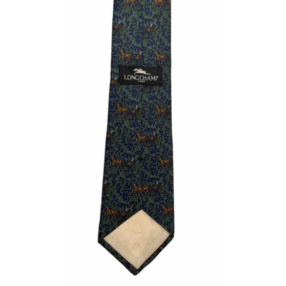 Longchamp Paris Equestrian Vintage Green Blue 100% Silk Tie 56” x 3.5” Italy - Picture 5 of 6